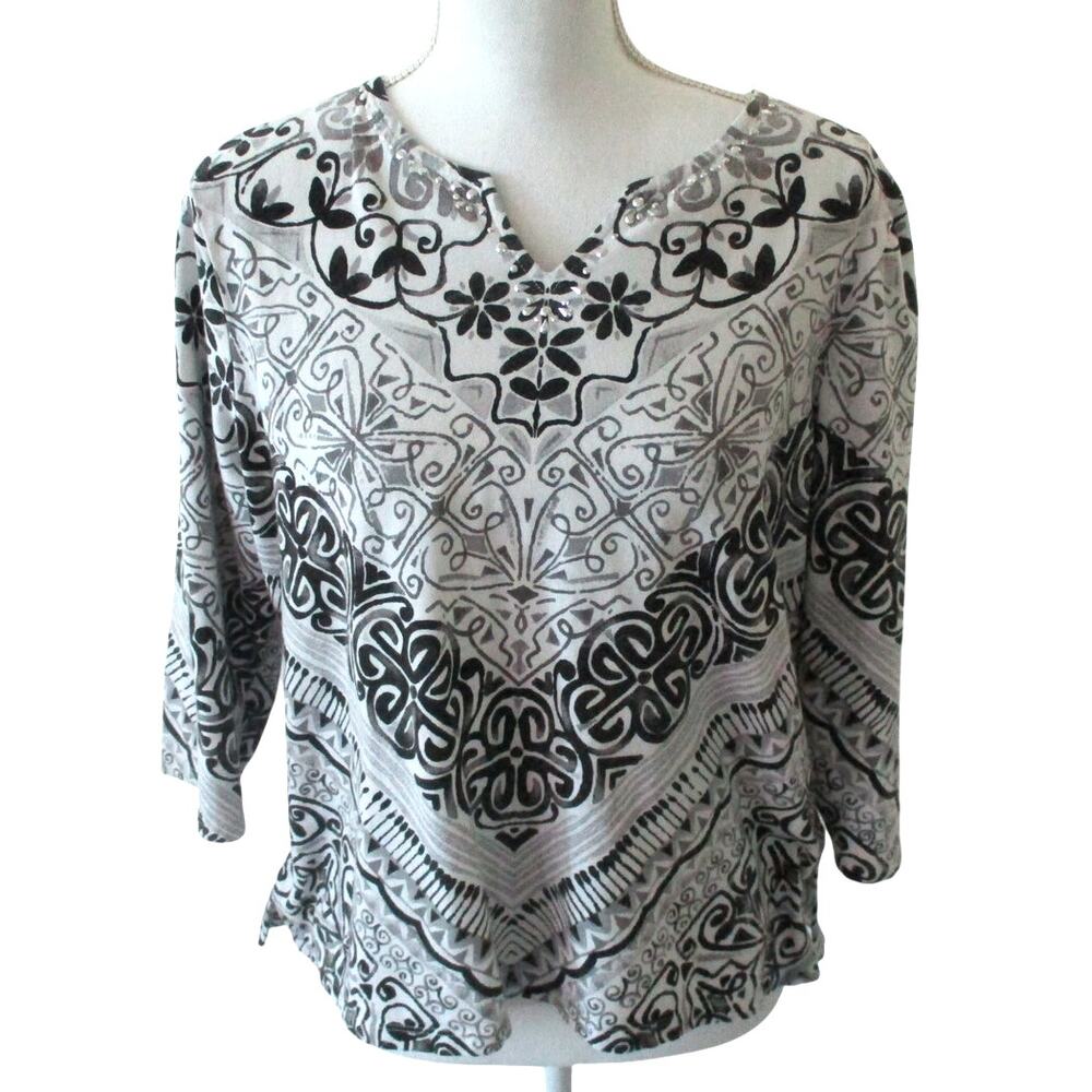 Alfred Dunner Women's Petite Black & White 3/4 Sleeve Beaded Neck Shirt Size PPL
